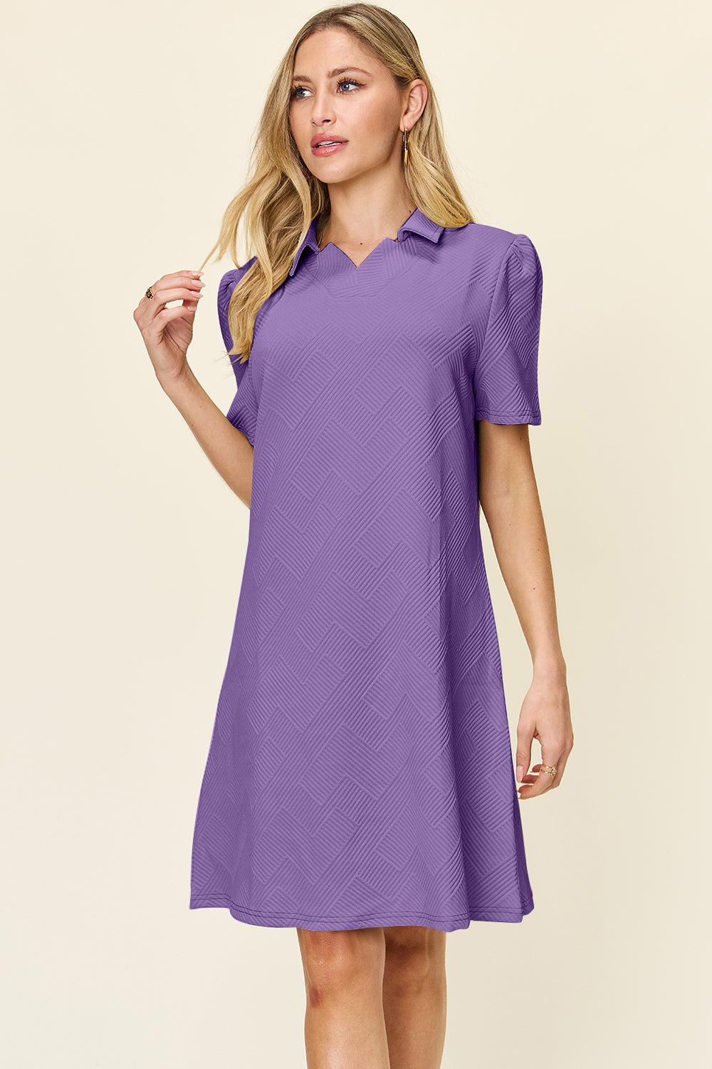 Preorder Full Size Texture Collared Neck Short Sleeve Dress