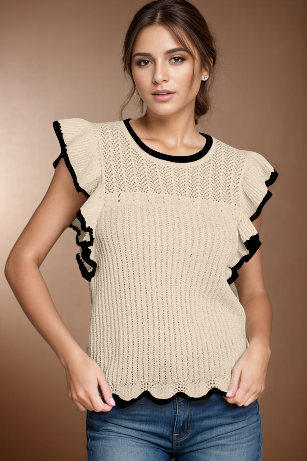 Preorder Ruffled Round Neck Cap Sleeve Knit Top