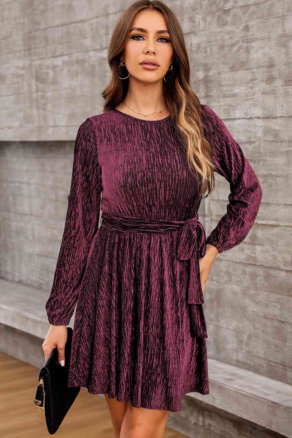 PREORDER Round Neck Tie Front Long Sleeve Dress