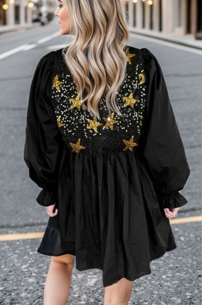 Preorder Star Sequin Round Neck Flounce Sleeve Mini Dress