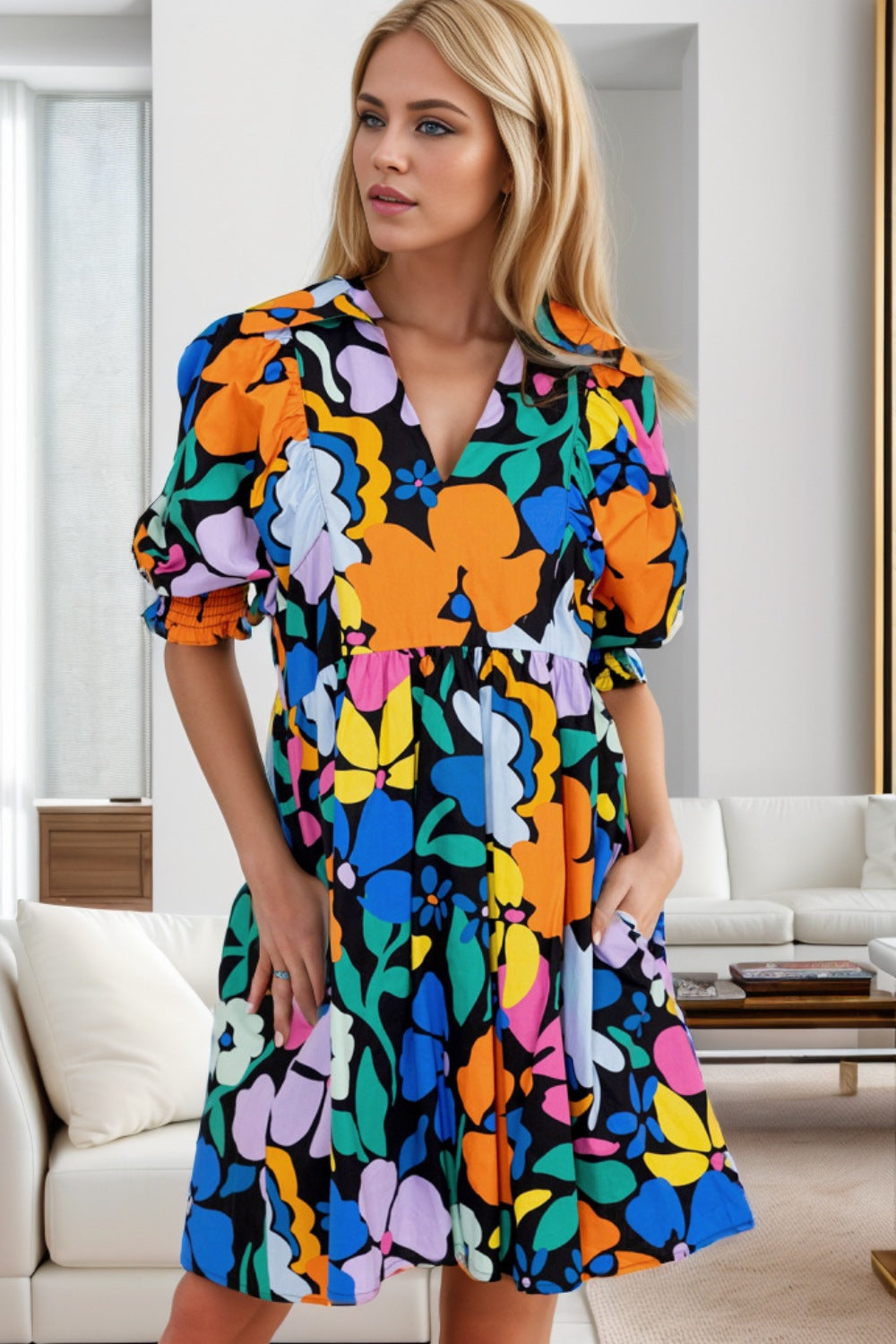 Preorder Printed Johnny Collar Half Sleeve Mini Dress