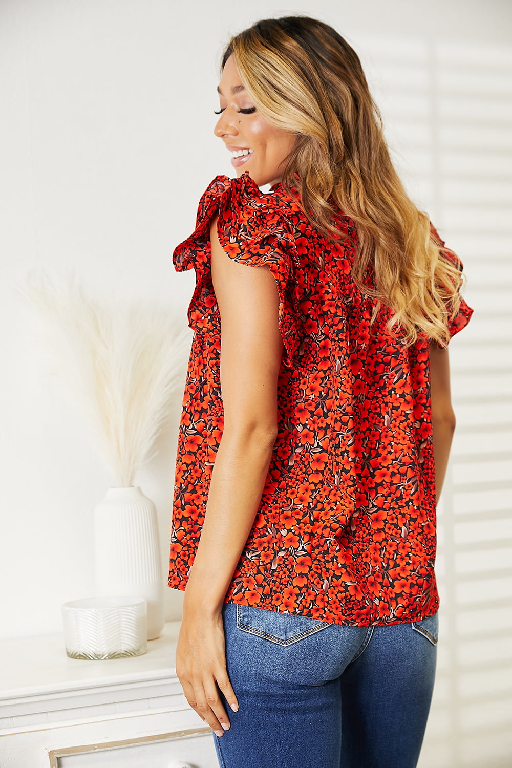 Cindy Floral Flutter Sleeve Notched Neck Blouse