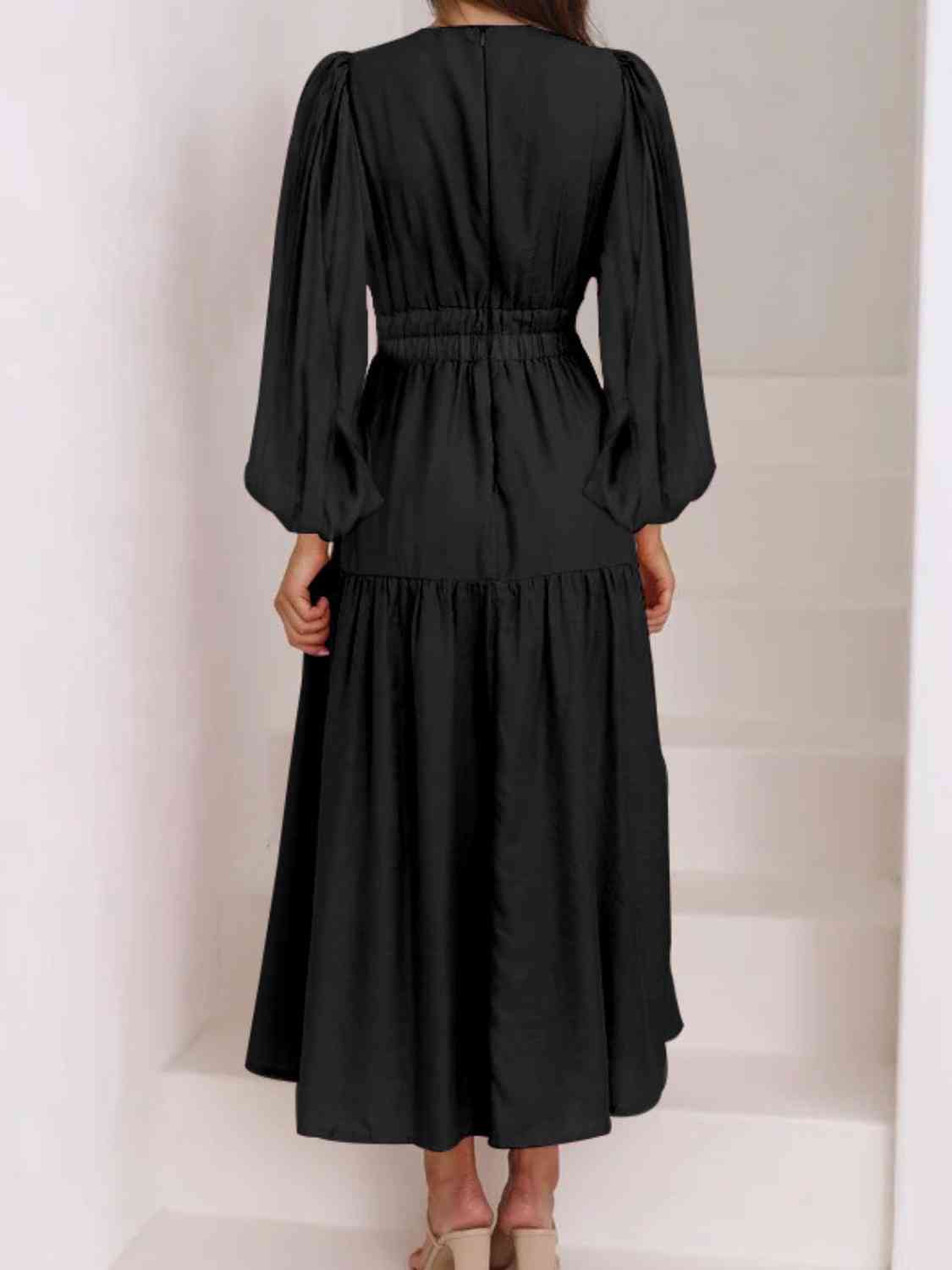 PREORDER Deep V-Neck Balloon Sleeve Plain Maxi Dress