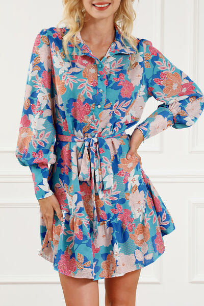 Preorder Floral Tie Waist Lantern Sleeve Ruffled Hem Mini Dress