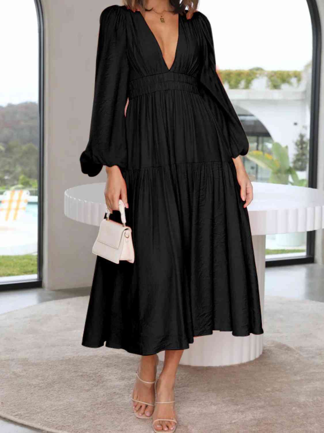 PREORDER Deep V-Neck Balloon Sleeve Plain Maxi Dress