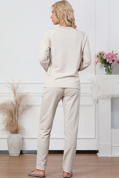 Preorder Half Button Round Neck Top and Drawstring Pants Lounge Set