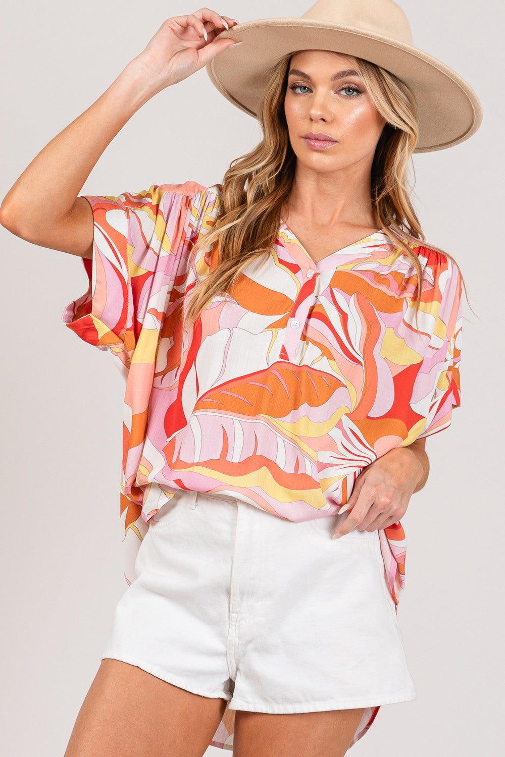 Abstract Print Half Button Blouse