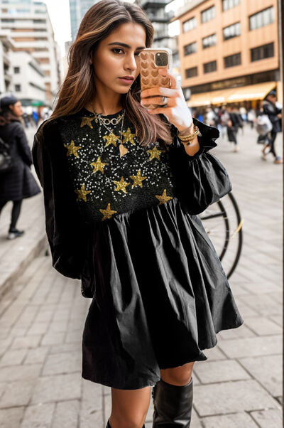 Preorder Star Sequin Round Neck Flounce Sleeve Mini Dress