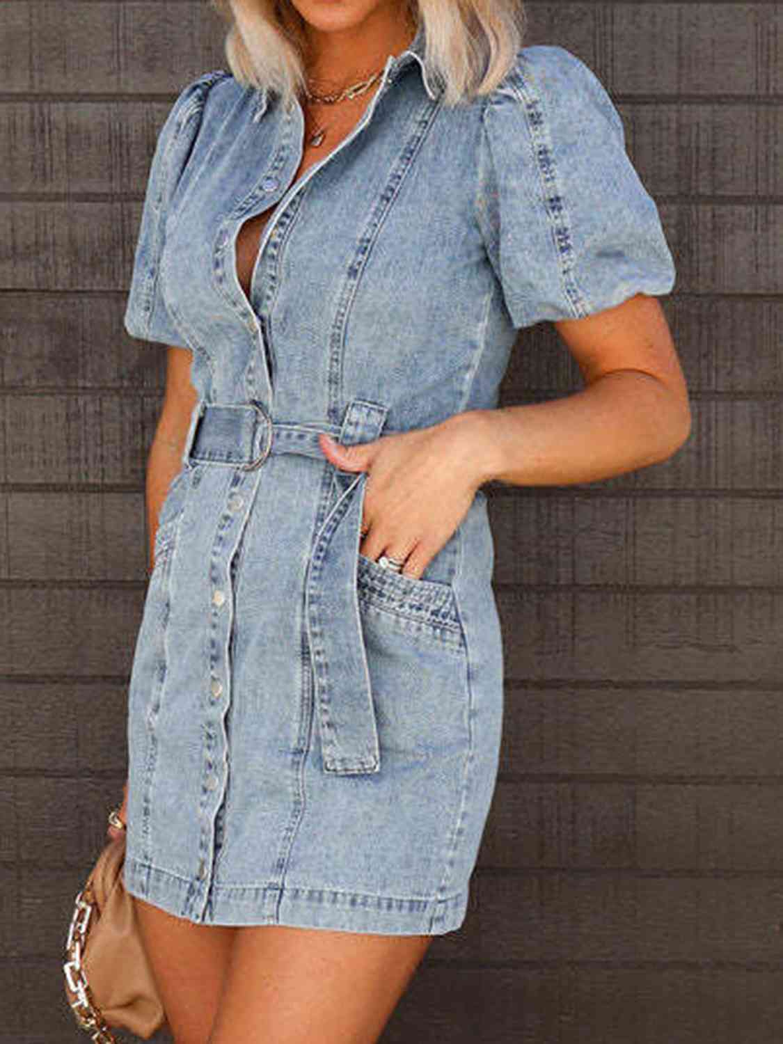 Preorder Puff Sleeve Button Up Mini Denim Dress