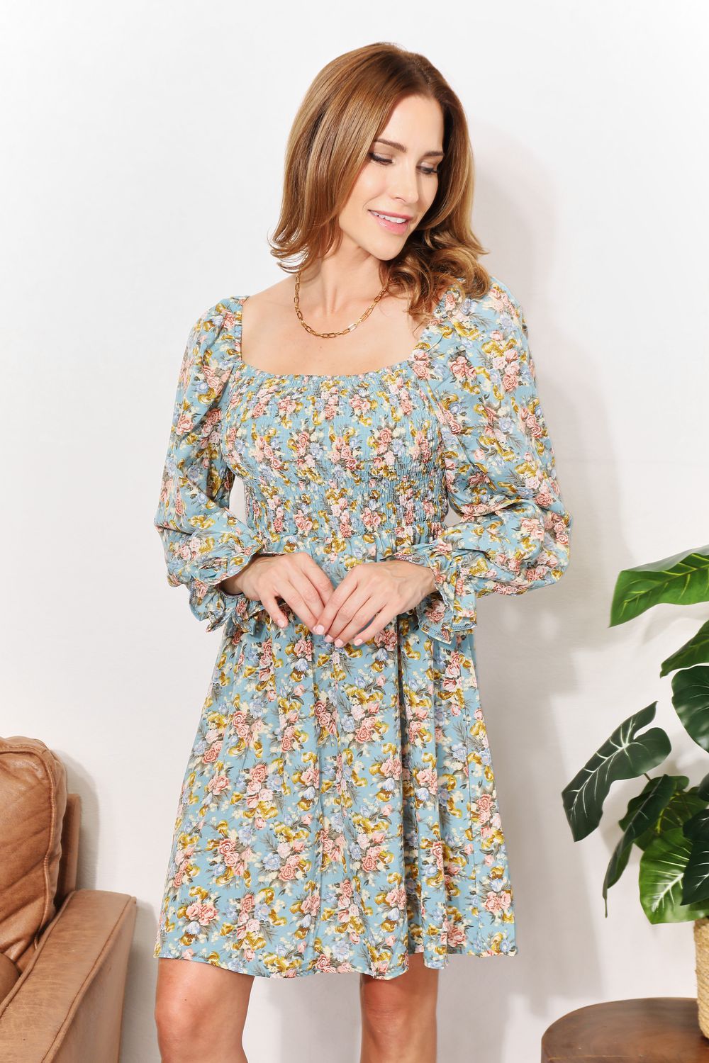 Easy Going Floral Smocked Flounce Sleeve Square Neck Dress