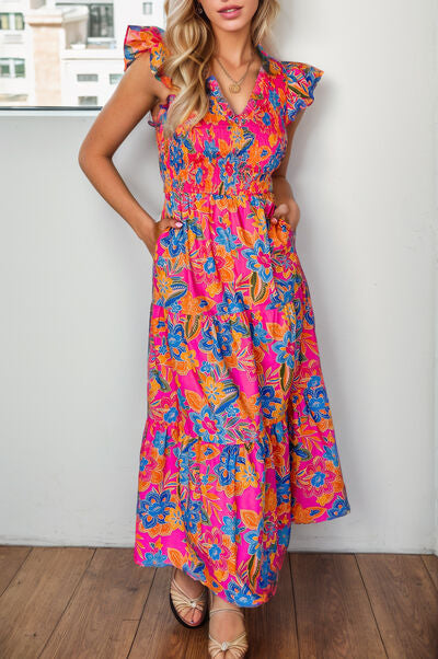 Preorder Printed V-Neck Cap Sleeve Pocketed Midi Dress