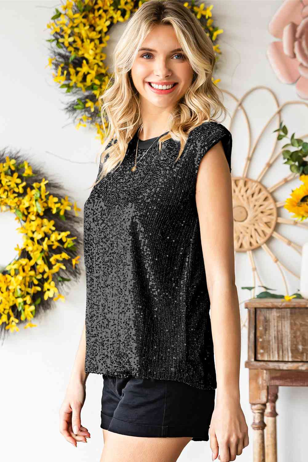 Preorder Sequin Round Neck Capped Sleeve Tank