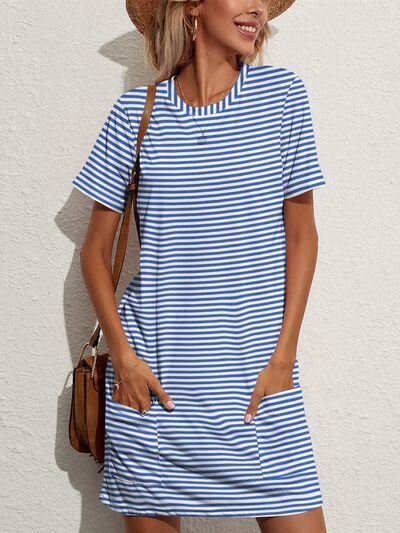 Preorder Pocketed Striped Round Neck Short Sleeve Dress