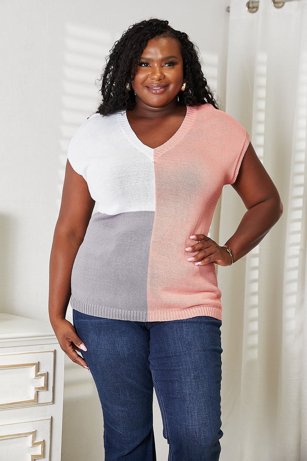 Marcie Color Block V-Neck Knit Top