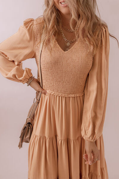 Preorder Smocked V-Neck Long Sleeve Tiered Dress