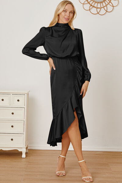 Preorder Mock Neck Ruffled Asymmetrical Dress