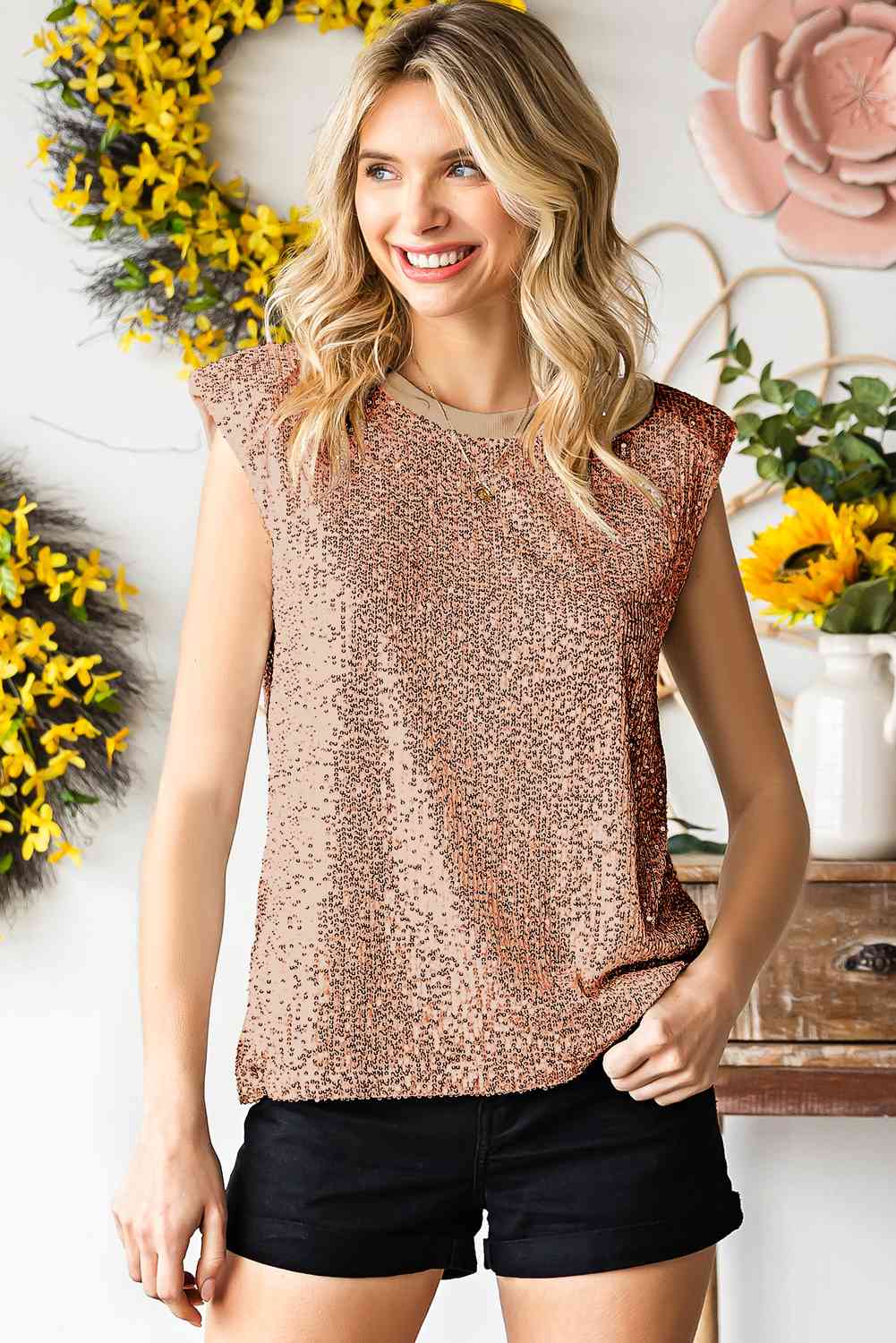 Preorder Sequin Round Neck Capped Sleeve Tank