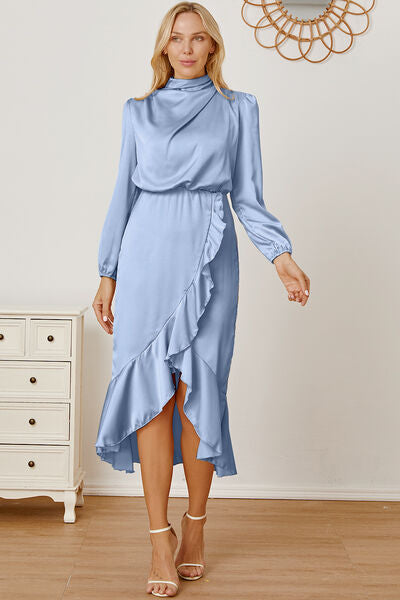 Preorder Mock Neck Ruffled Asymmetrical Dress