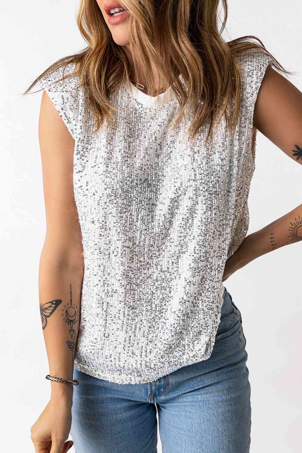 Preorder Sequin Round Neck Capped Sleeve Tank