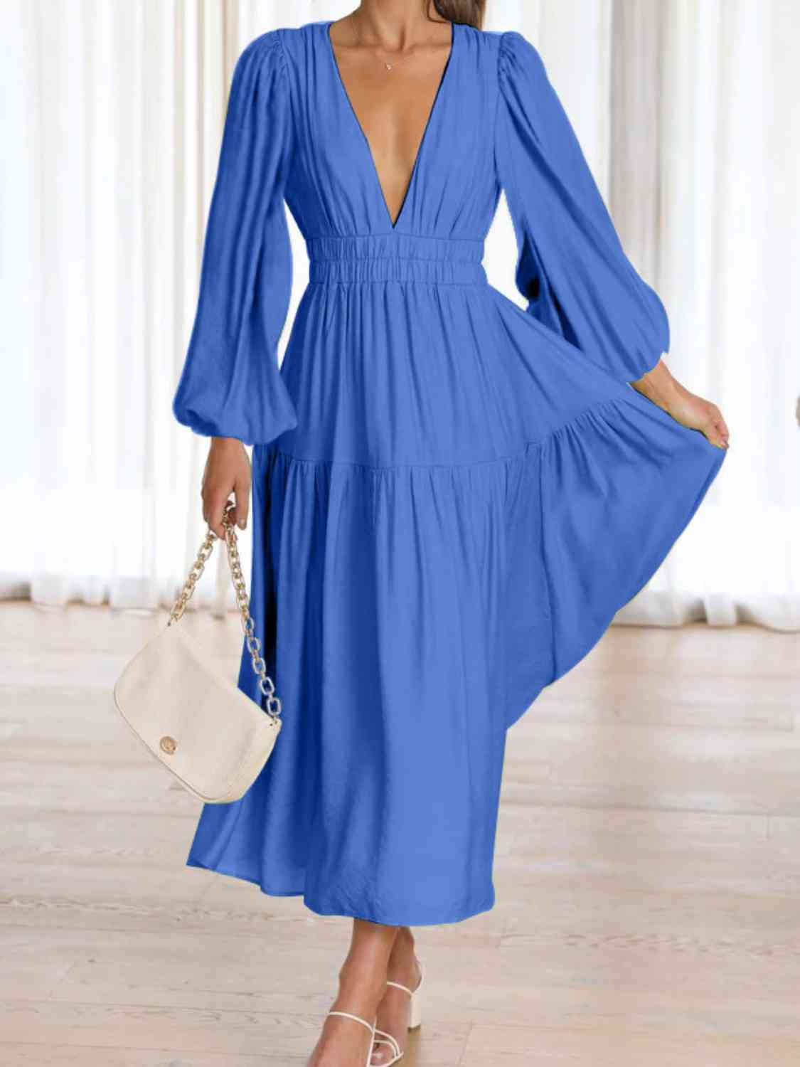 PREORDER Deep V-Neck Balloon Sleeve Plain Maxi Dress