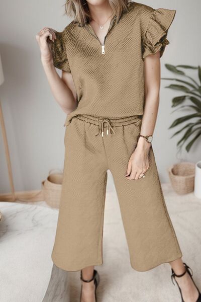 Preorder Ruffled Quarter Zip Top and Drawstring Pants Set