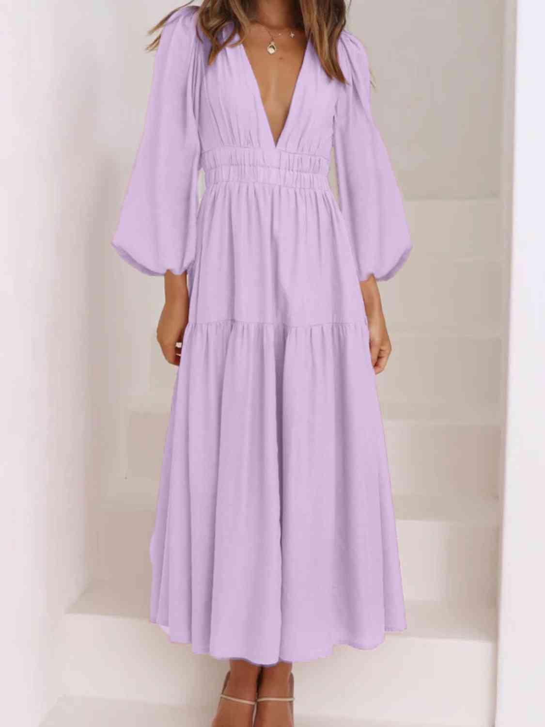 PREORDER Deep V-Neck Balloon Sleeve Plain Maxi Dress