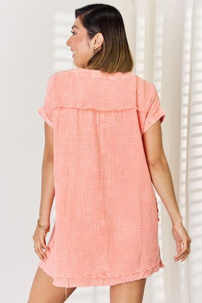 Washed Notched Rolled Short Sleeve Dress