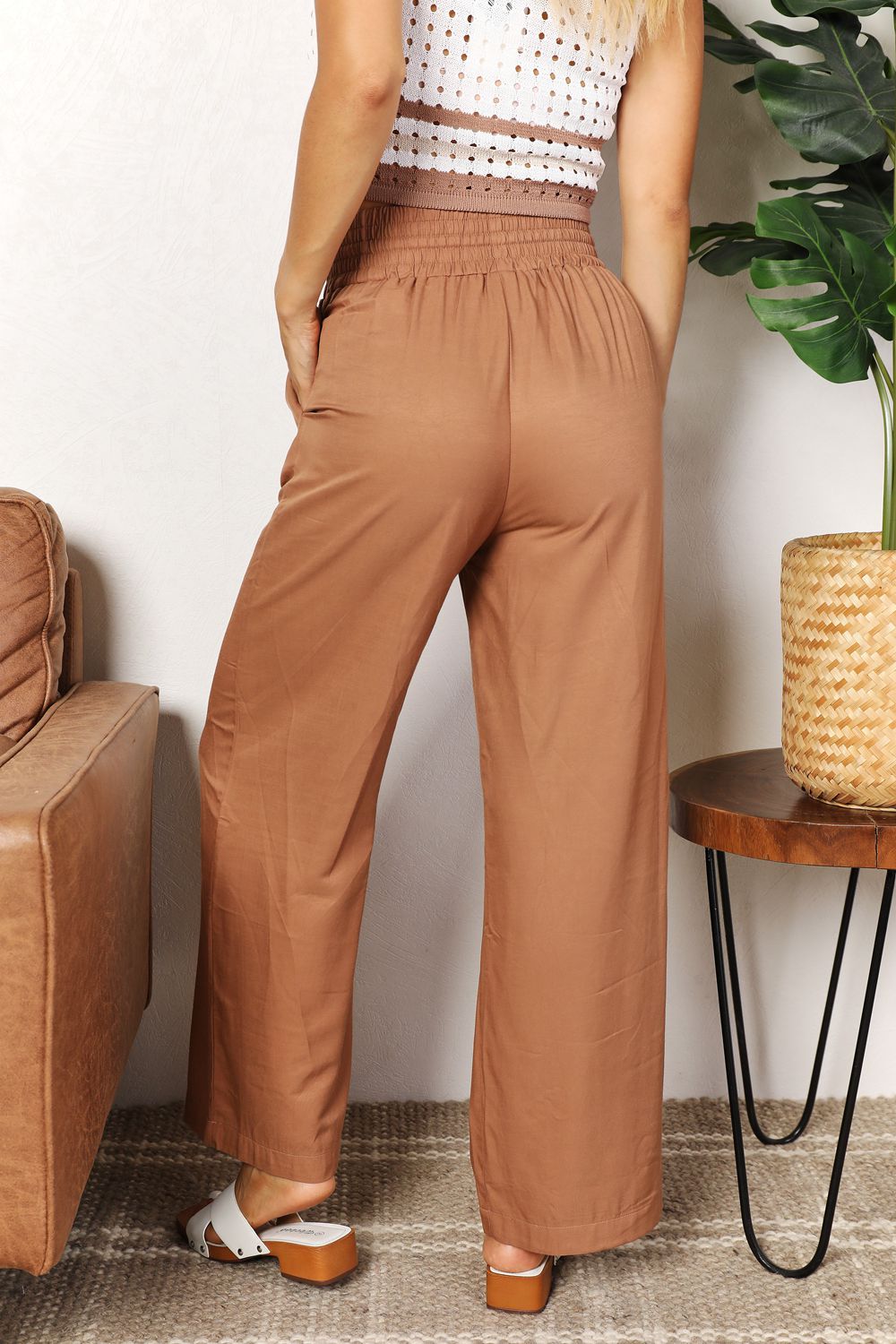 Drawstring Smocked Waist Wide Leg Pants