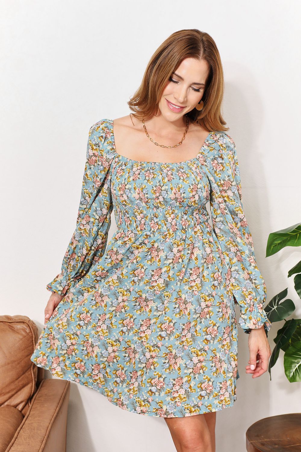 Easy Going Floral Smocked Flounce Sleeve Square Neck Dress