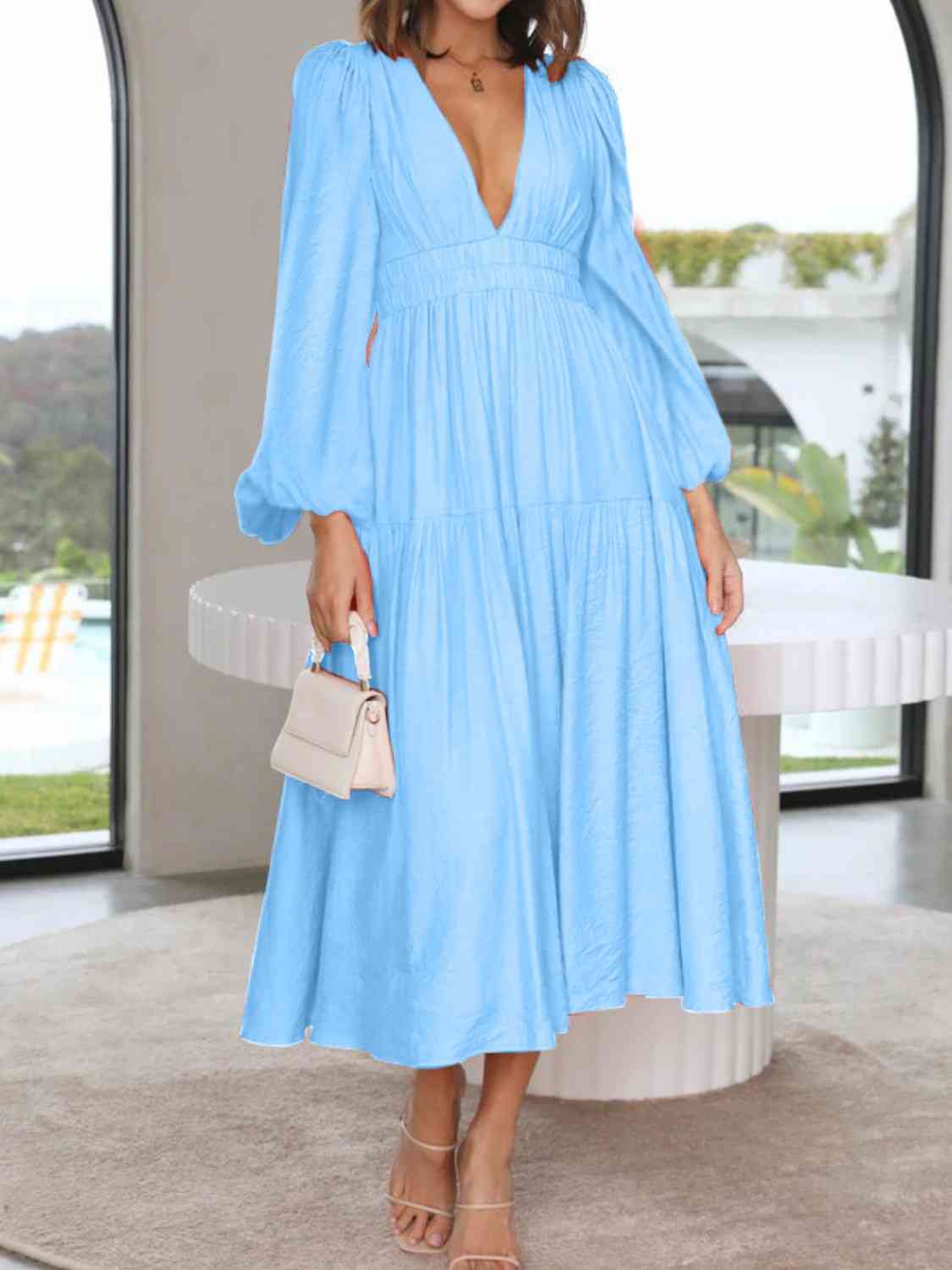 PREORDER Deep V-Neck Balloon Sleeve Plain Maxi Dress