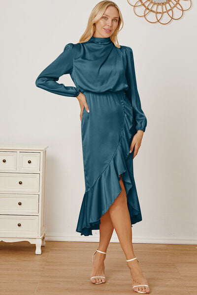 Preorder Mock Neck Ruffled Asymmetrical Dress