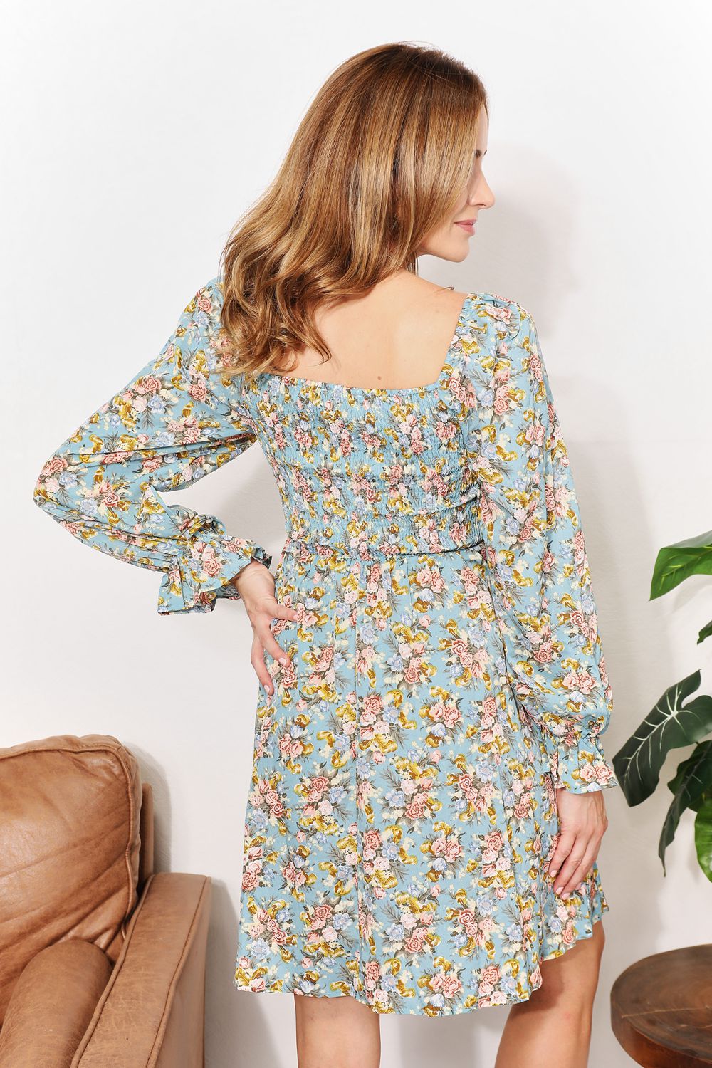 Easy Going Floral Smocked Flounce Sleeve Square Neck Dress