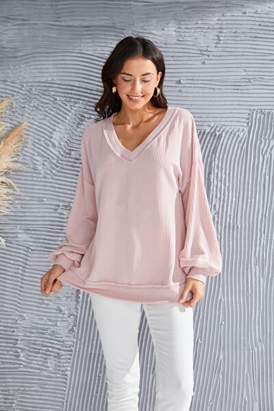 Preorder V-Neck Drop Shoulder Lantern Sleeve Blouse