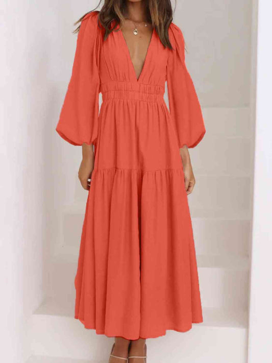 PREORDER Deep V-Neck Balloon Sleeve Plain Maxi Dress