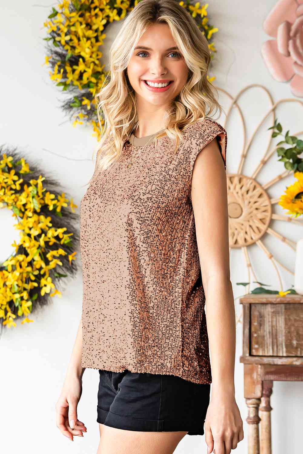 Preorder Sequin Round Neck Capped Sleeve Tank