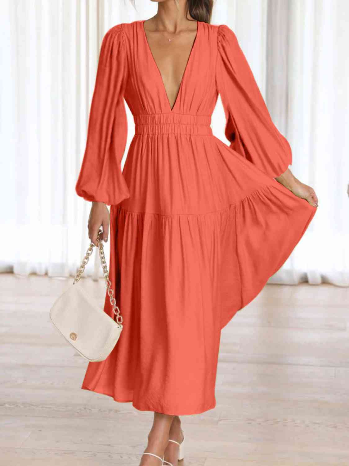 PREORDER Deep V-Neck Balloon Sleeve Plain Maxi Dress