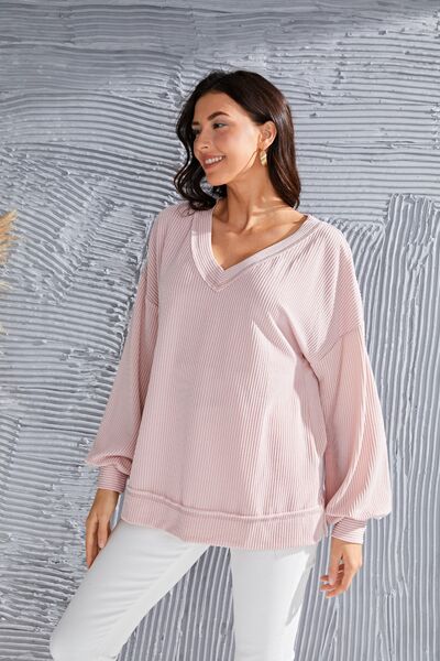 Preorder V-Neck Drop Shoulder Lantern Sleeve Blouse