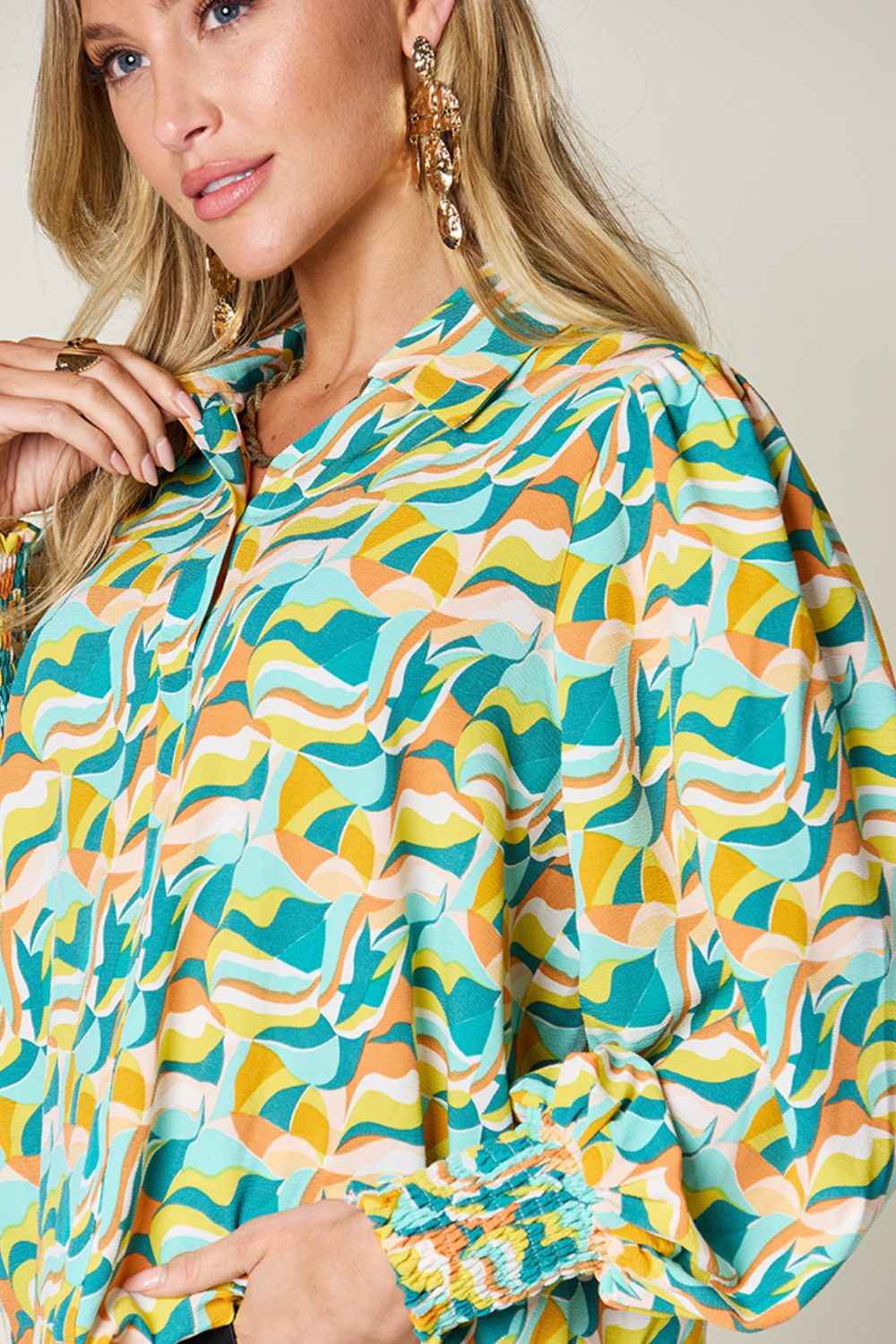 Printed Smocked Long Sleeve Blouse