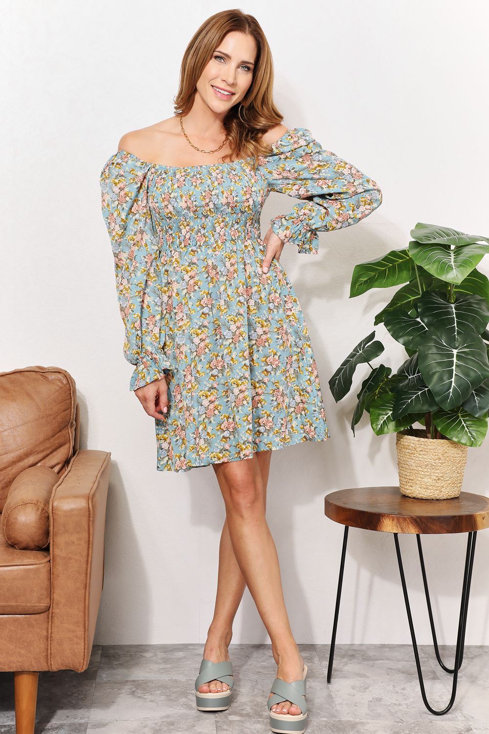 Easy Going Floral Smocked Flounce Sleeve Square Neck Dress