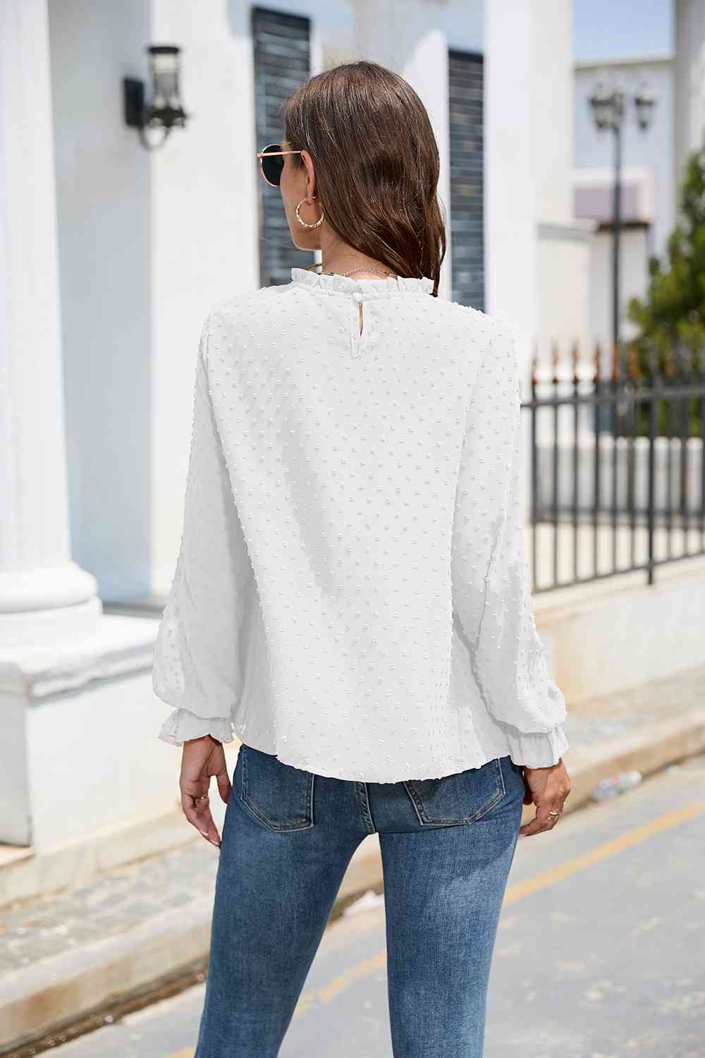 PREORDER Smocked Mock Neck Swiss Dot Top