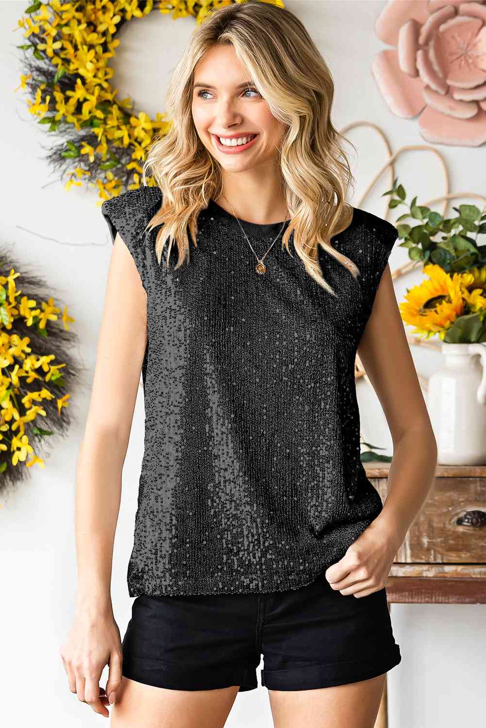 Preorder Sequin Round Neck Capped Sleeve Tank