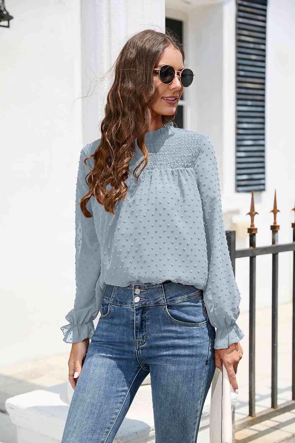 PREORDER Smocked Mock Neck Swiss Dot Top