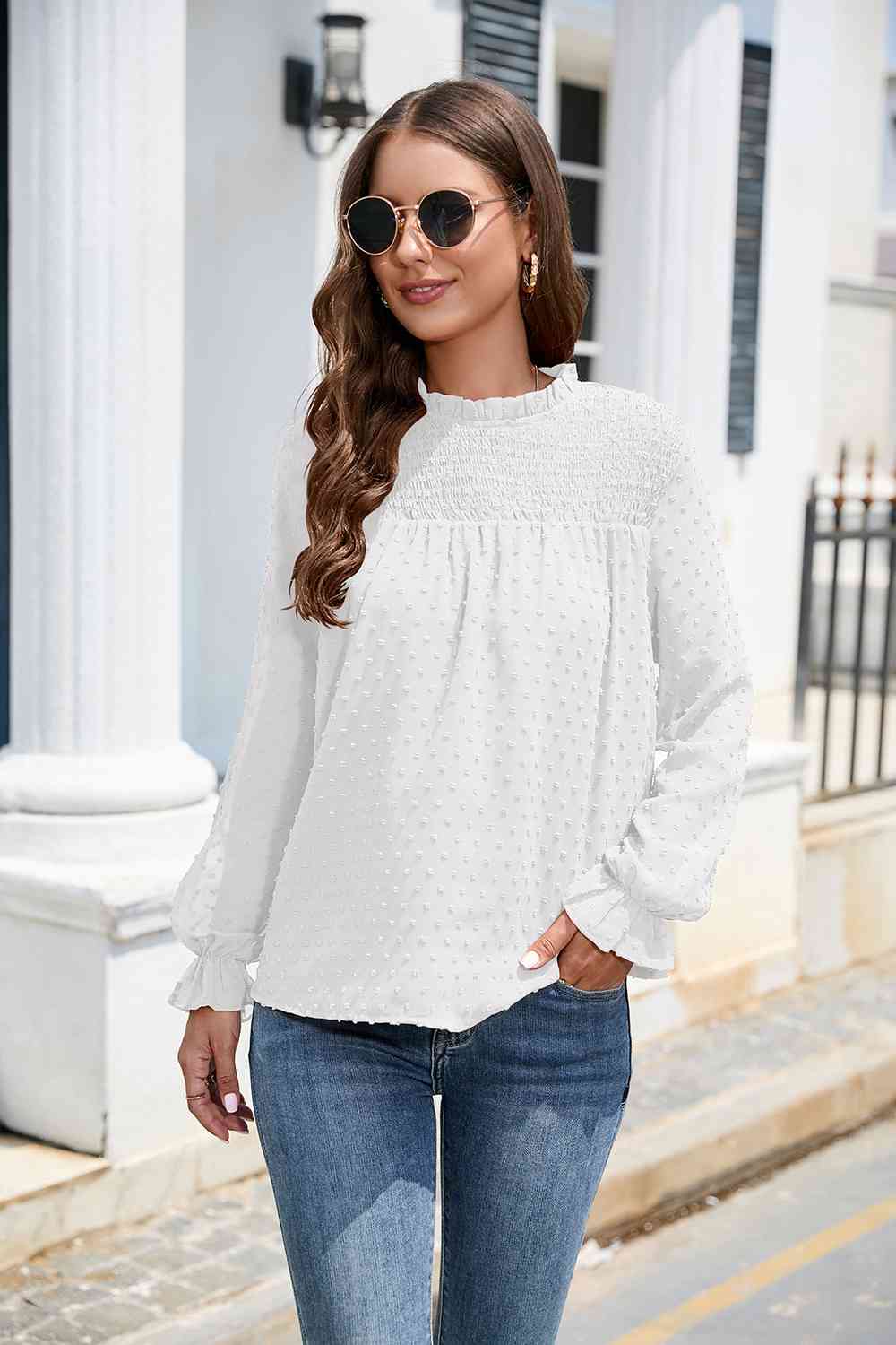 PREORDER Smocked Mock Neck Swiss Dot Top