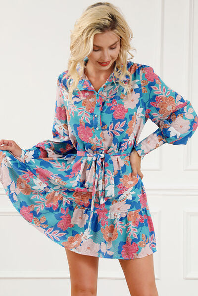 Preorder Floral Tie Waist Lantern Sleeve Ruffled Hem Mini Dress