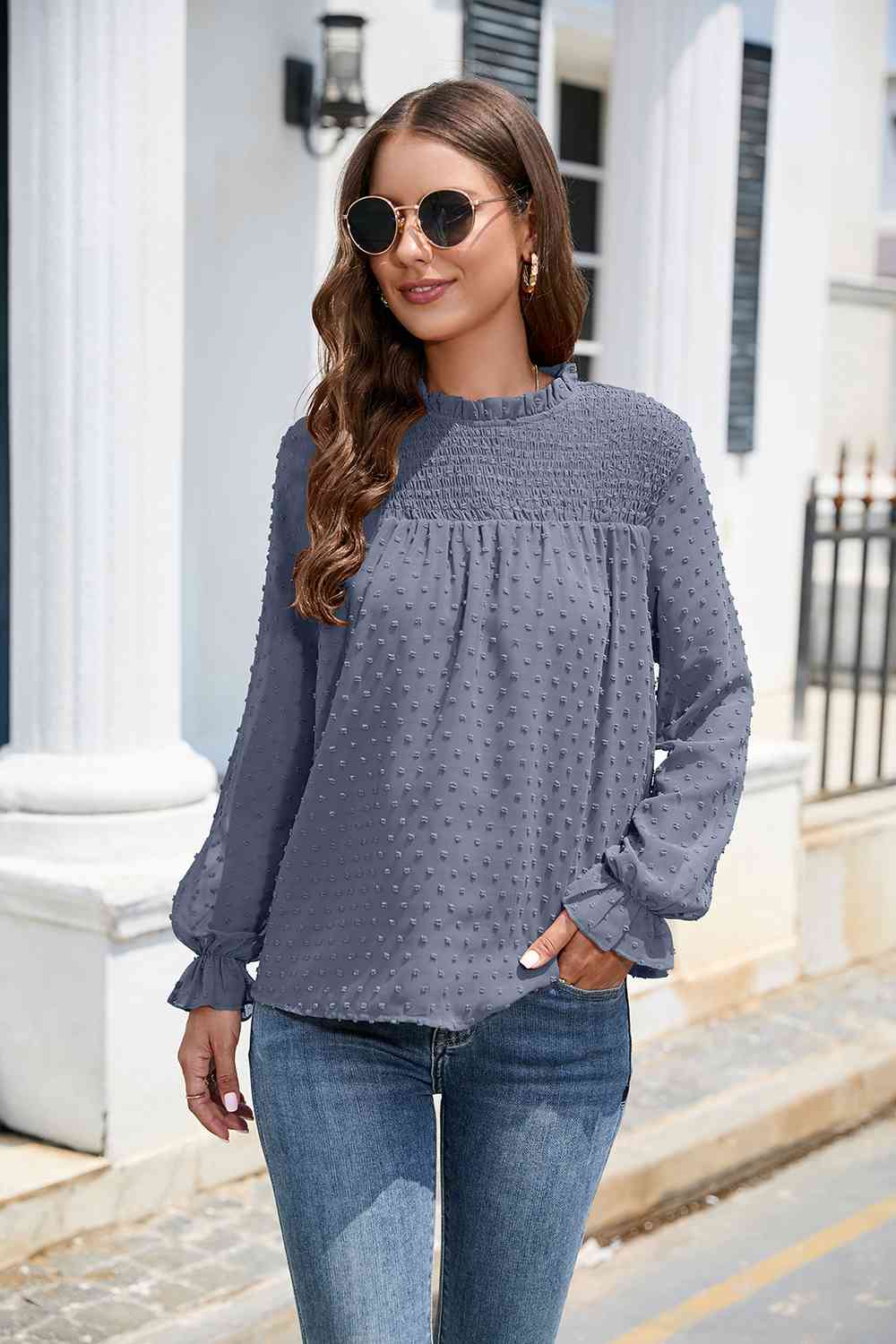 PREORDER Smocked Mock Neck Swiss Dot Top