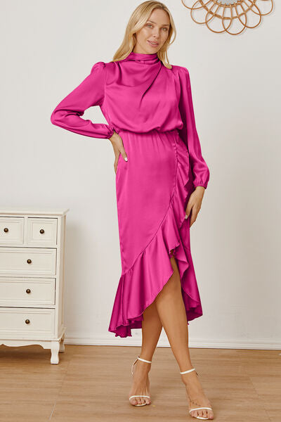 Preorder Mock Neck Ruffled Asymmetrical Dress