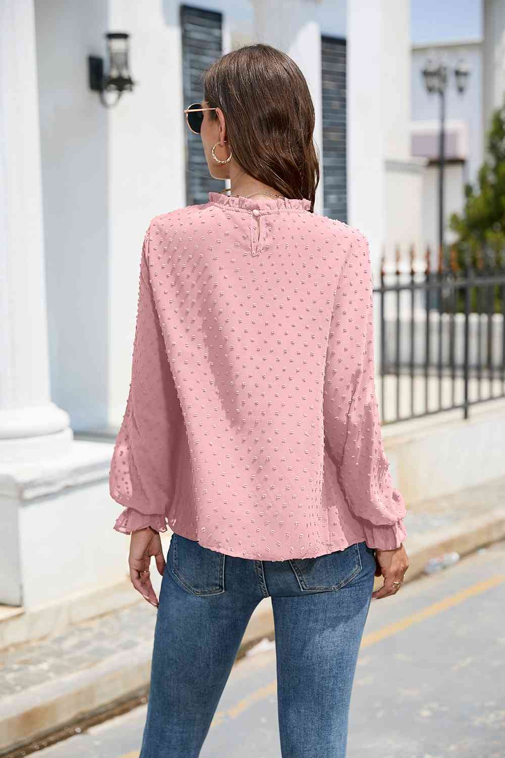 PREORDER Smocked Mock Neck Swiss Dot Top