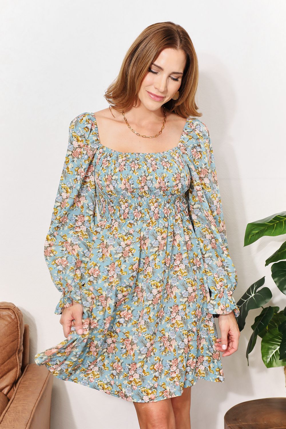 Easy Going Floral Smocked Flounce Sleeve Square Neck Dress