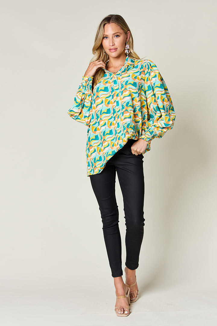 Printed Smocked Long Sleeve Blouse