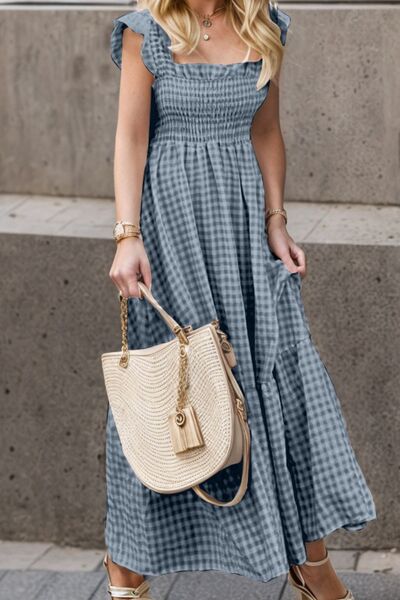 Preorder Full Size Smocked Ruffled Plaid Ruffle Hem Dress